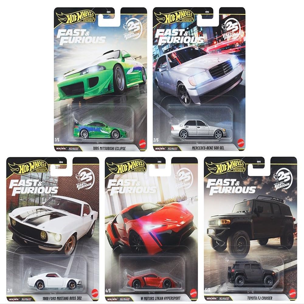 1:64 Scale Diecast Model Car Compatible with Hot Wheels Fast & Furious 25th Anniversary Premium 2026 N Case, Set of 5 Cars, HNW46-956N