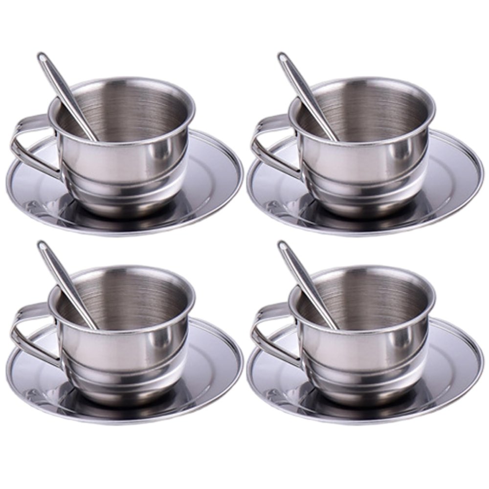 CAKEEYUM Kids Tea Set Heat-Resistant Stainless Steel Childrens Tea Set with 4 70ml Cup, 4 Saucer and Spoon for Girls and Boys Kids, Childrens, Sets for Gi