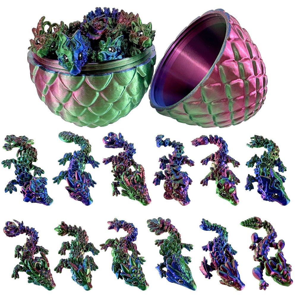 3D Printed Egg with 12 Pcs Small Fidget Dragon Inside , Mini Dragons with EyeCute Stress Relief 3-d Printer Animal Toy for Home & Office Decoration, Easter Basket Stuffers Animals Set (HLL)