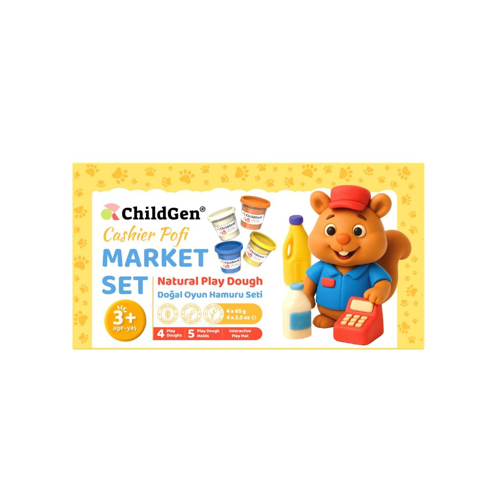 ChildGen Paw Pals Play Dough Set Natural Non-Toxic Sensory Dough for Kids, 4 Colours with 5 Moulds & Themed Play Card, Safe Creative Toy for Toddlers (Market Set)