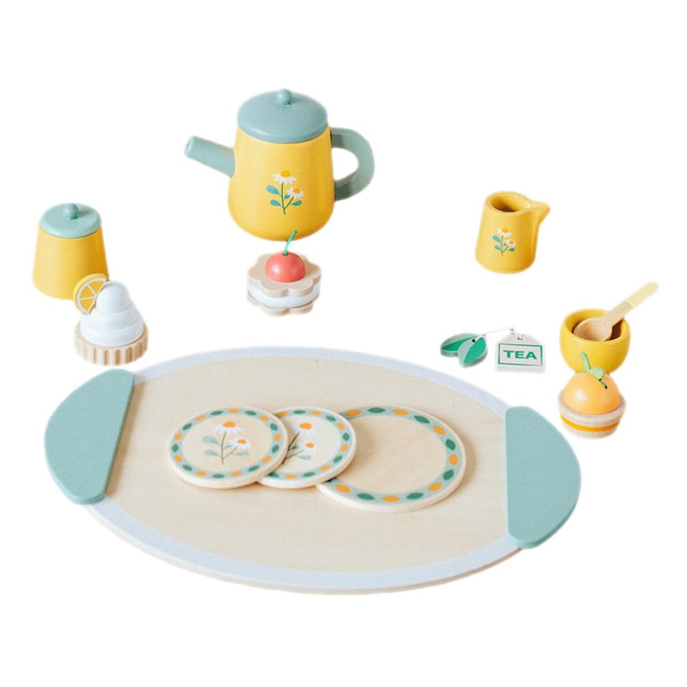 Toyvian Wooden Tea Set Pretend Play Afternoon Tea Party with Teapot Cups and Accessories Decor for Imaginative Role-Playing and Dollhouse Kitchen Pretend Play