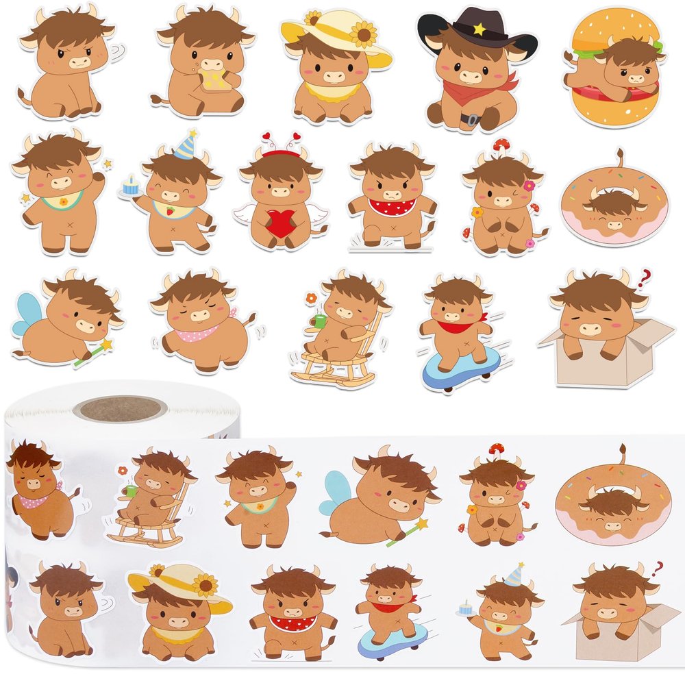 1000Pcs Highland Cow Stickers Rolls -16 Patterns Cute Cartoon Cow Stickers, Highland Cow Gifts for Adults Kids, Teacher Reward Decals for Water Bottles Laptop Scrapbook