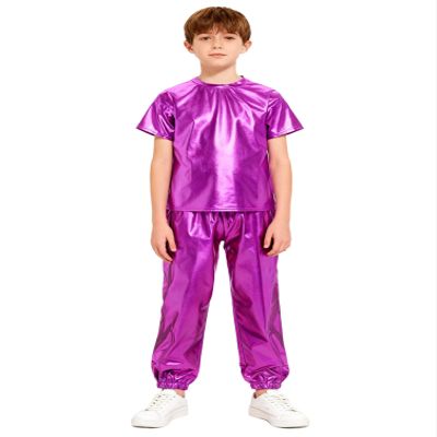YONGHS Boys Girls Hip Hop Dance Outfits Metallic Jazz 2-Piece Set Short Sleeve Shiny T-Shirt with Pants for Performance Purple 11-12 Years