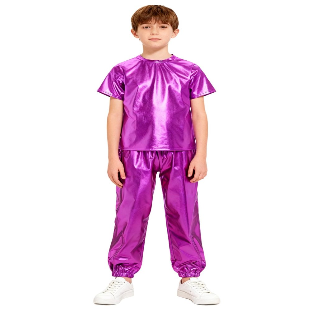 YONGHS Boys Girls Hip Hop Dance Outfits Metallic Jazz 2-Piece Set Short Sleeve Shiny T-Shirt with Pants for Performance Purple 11-12 Years