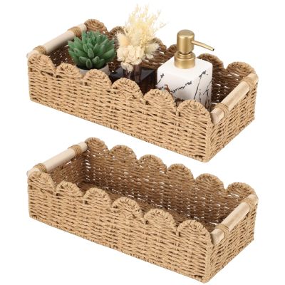 2 Pcs Scalloped Decor Baskets with Wooden Handles, Paper Rope Woven Basket, 14 in Toilet Paper Basket for Bathroom, Rustic Baskets for Bedroom Kitchen Bathroom