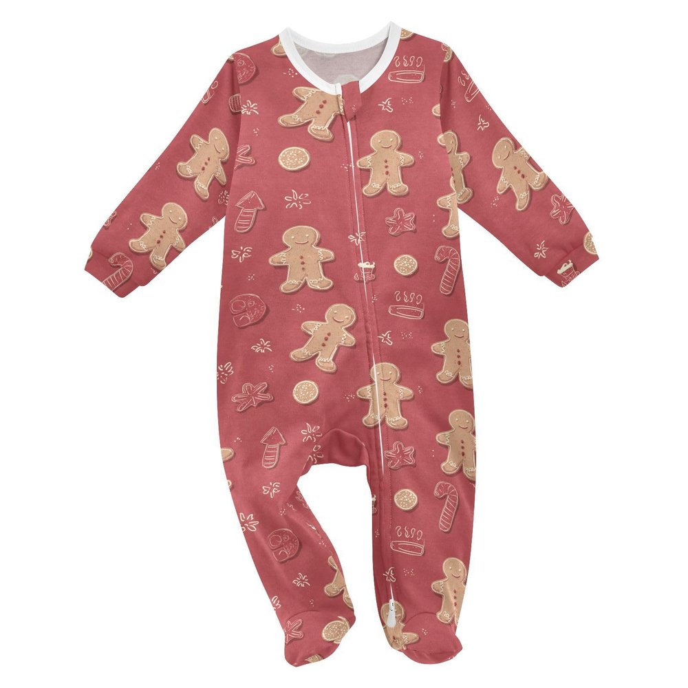 XDKDZIS Gingerbread Cookies Red Pattern Baby Sleeper Pjs Cotton One-piece Footie Zip Up Jumpsuit Snug Fit Pajamas 3-24M