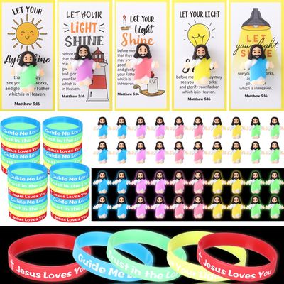 Barydat 200 Set Mini Christ Gifts Glow in the Dark Include Mini Jesus Figures Silicone Wristbands Blessing Cards for Christ Party Favors Sunday School Gifts Religious Toys to Hide and Seek
