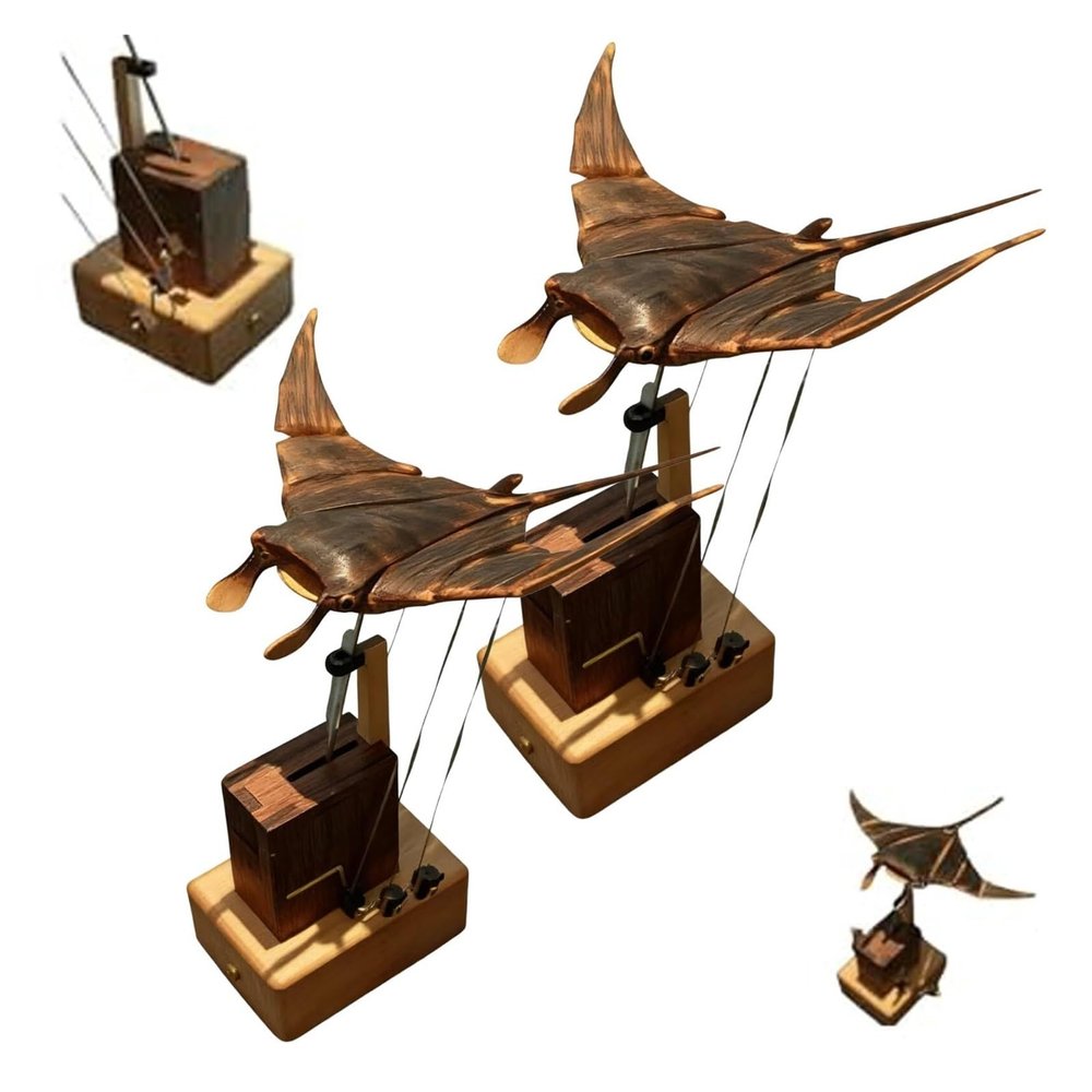 Authentic2026 Upgraded Version Handmade Wooden Electric Bionic Manta Ray Ornament, Wooden Perpetual Motion Manta Ray Automation with Lifelike Swimming Posture (2PC)(2pc)