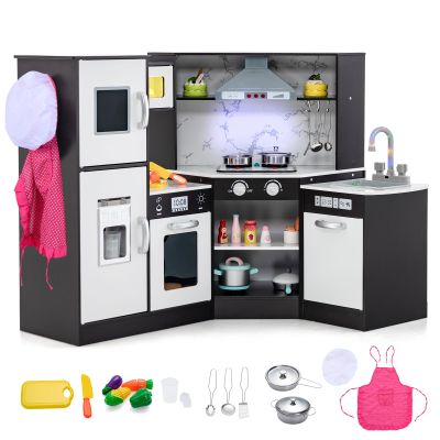 Costzon Kids Kitchen Playset, 2-Piece Little Chef Pretend Cooking Toy w/Light, Sound, Washing Basin, Microwave, Blackboard, Ice Maker, Range Hood, Stove, Corner Wooden Play Kitchen for Kids 3+ (Black)