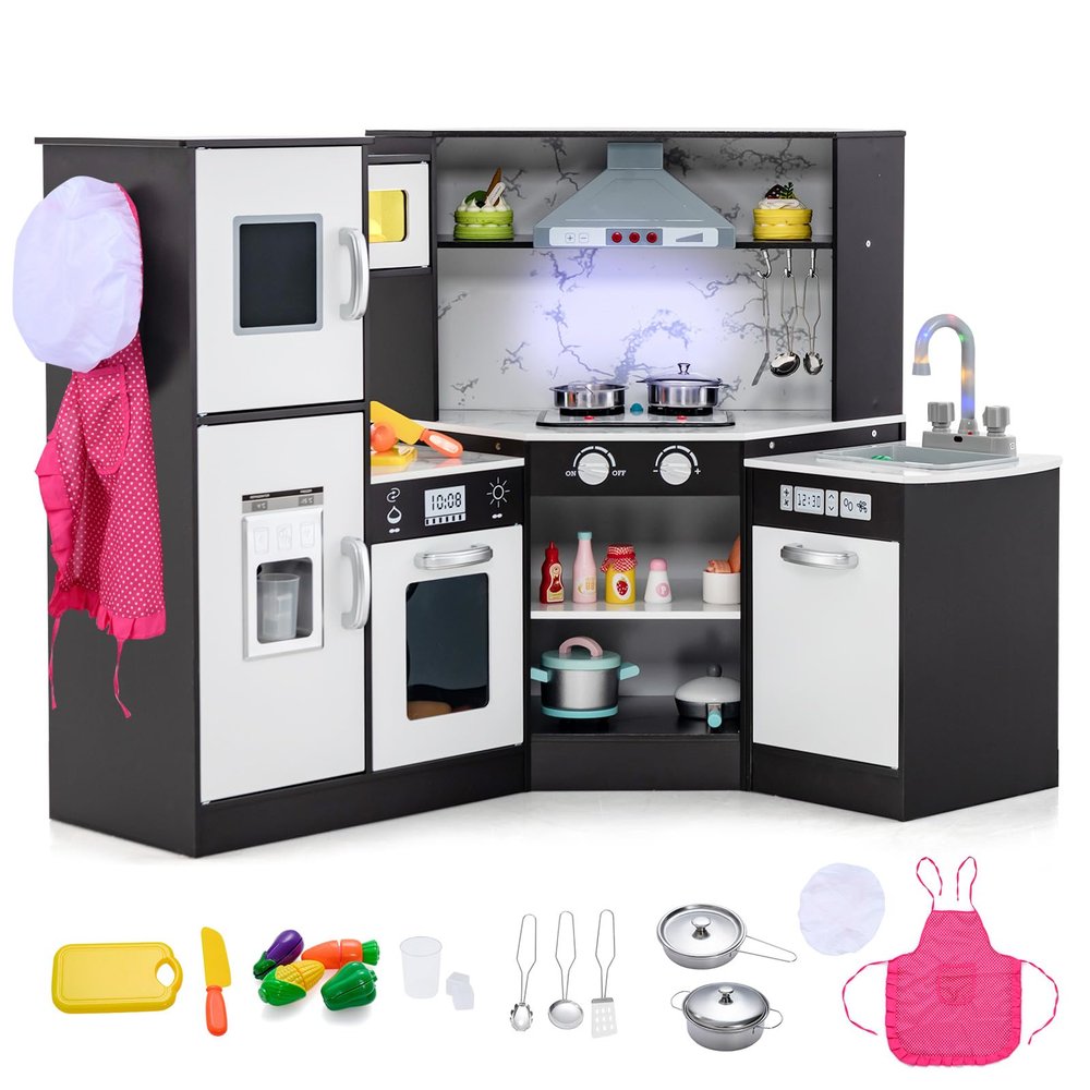 Costzon Kids Kitchen Playset, 2-Piece Little Chef Pretend Cooking Toy w/Light, Sound, Washing Basin, Microwave, Blackboard, Ice Maker, Range Hood, Stove, Corner Wooden Play Kitchen for Kids 3+ (Black)