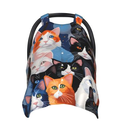 Cute Cartoon Cats Baby Car Seat Canopy Soft Breathable Infant Carseat Cover Summer Lightweight Baby Carrier Cover for Babies Boys Girls Newborn Multi Use Cover for Car Seat Nursing Scarf