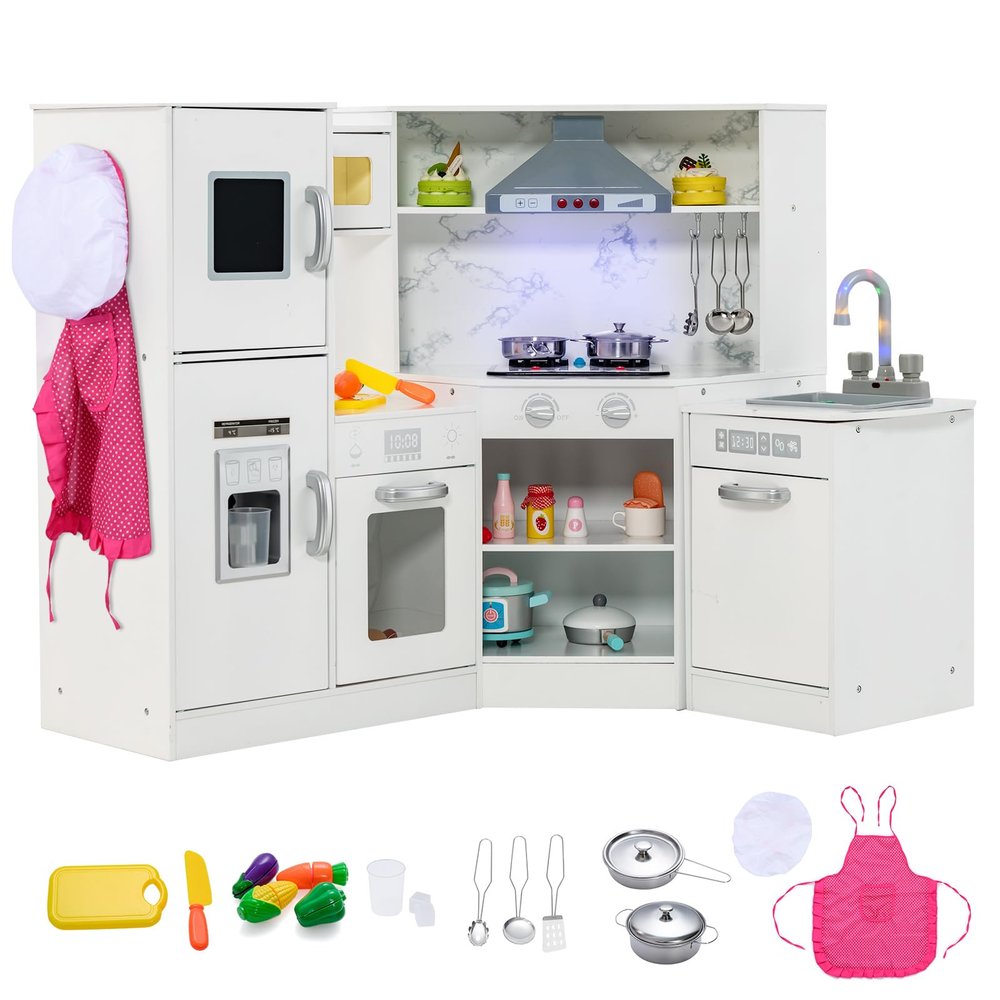 Costzon Kids Kitchen Playset, 2-Piece Little Chef Pretend Cooking Toy w/Light, Sound, Washing Basin, Microwave, Blackboard, Ice Maker, Range Hood, Stove, Corner Wooden Play Kitchen for Kids 3+ (White)