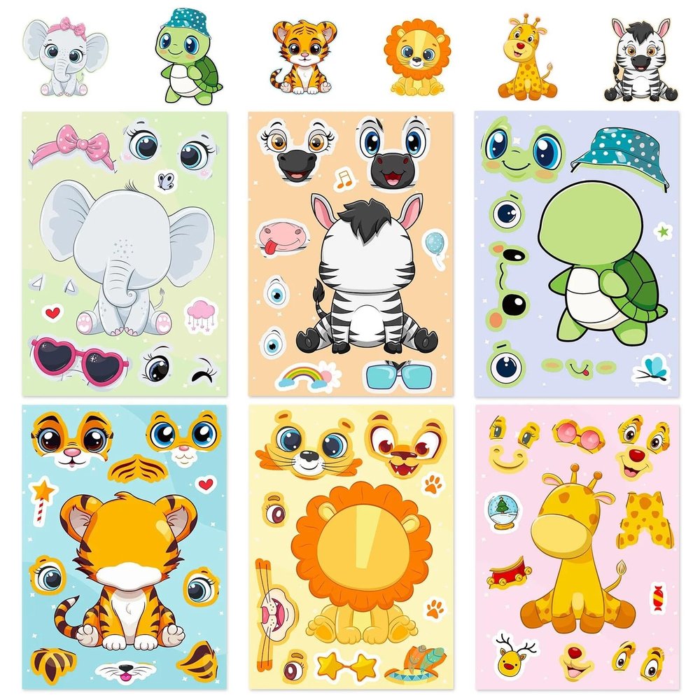 6pcs Animal Face Changing Stickers, Cartoon Cute Little Animal Giraffe Turtle Tiger DIY Face Changing Stickers Children's Toys