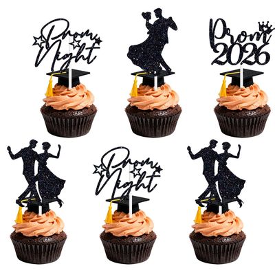 16PCS Black Glitter Prom 2026 Cupcake Toppers - Class of 2026 Senior High School Prom Night Graduation Party Decorations