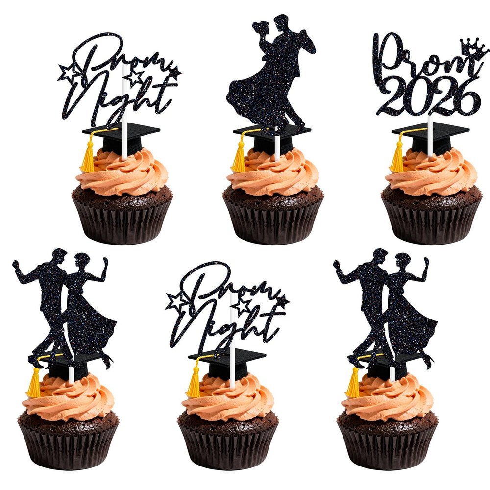 16PCS Black Glitter Prom 2026 Cupcake Toppers - Class of 2026 Senior High School Prom Night Graduation Party Decorations