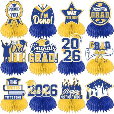 12Pcs Yellow and Blue Graduation Decorations Honeycomb Centerpieces, Class of 2026 Graduations Centerpieces for Tables Yellow and Blue Congrats Grad Graduation Table Decoration Grad Centerpiece