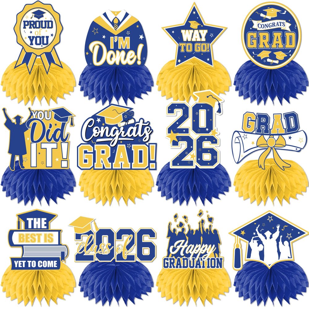 12Pcs Yellow and Blue Graduation Decorations Honeycomb Centerpieces, Class of 2026 Graduations Centerpieces for Tables Yellow and Blue Congrats Grad Graduation Table Decoration Grad Centerpiece