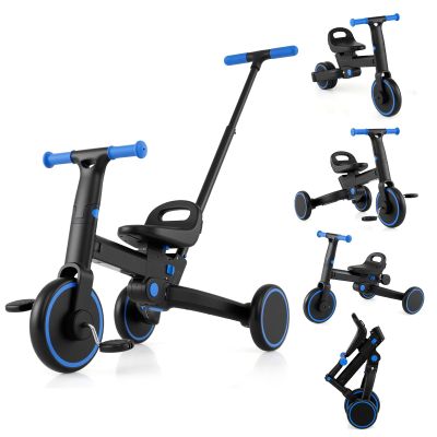 HONEY JOY Tricycle, 5-in-1 Folding Kids Trike w/Adjustable Push Handle & Seat, Baby Balance Bike w/Removable Pedals, Toddler Tricycle for Preschool Boys Girls Aged 18-60 Months (Blue)