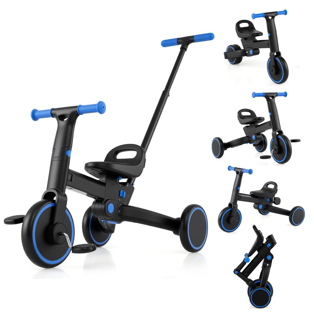HONEY JOY Tricycle, 5-in-1 Folding Kids Trike w/Adjustable Push Handle & Seat, Baby Balance Bike w/Removable Pedals, Toddler Tricycle for Preschool Boys Girls Aged 18-60 Months (Blue)
