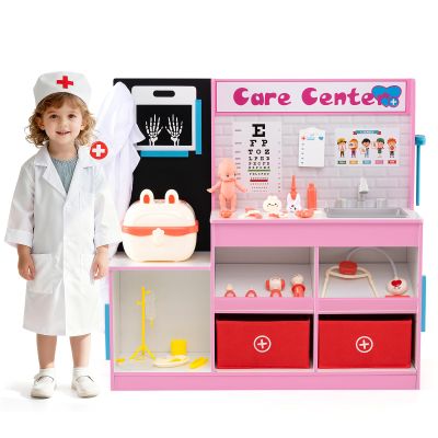 Costzon Kids Wooden Doctor Playset, Medical Activity Center w/ 29 Accessories, Examine Region, X-Ray Film, ECG Monitor, Eye Chart, Faucet & Height Measurer, Pretend Hospital & Vet Playset (Pink)
