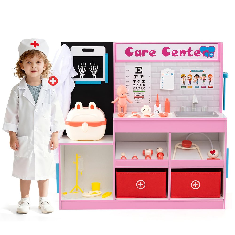 Costzon Kids Wooden Doctor Playset, Medical Activity Center w/ 29 Accessories, Examine Region, X-Ray Film, ECG Monitor, Eye Chart, Faucet & Height Measurer, Pretend Hospital & Vet Playset (Pink)