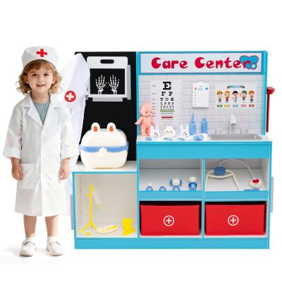 Costzon Kids Wooden Doctor Playset, Medical Activity Center w/ 29 Accessories, Examine Region, X-Ray Film, ECG Monitor, Eye Chart, Faucet & Height Measurer, Pretend Hospital & Vet Playset (Blue)