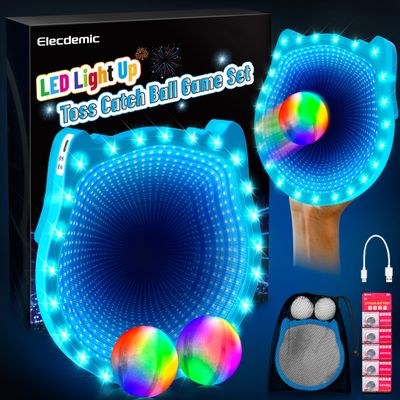 Elecdemic 3D LED Light Up Toss Catch Ball Game Set Fidget Toys Baseball Gifts Outdoor Outside Backyard Party Glow in the Dark Sticky Paddle Mitt Age 5 6 7 8 9 10 11 12 Year Old Boy Girl Kids Adult