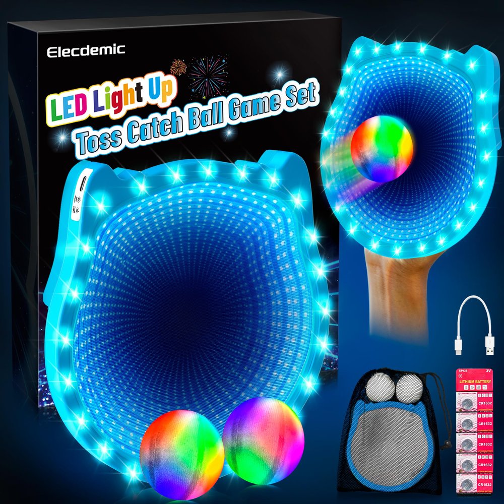 Elecdemic 3D LED Light Up Toss Catch Ball Game Set Fidget Toys Baseball Gifts Outdoor Outside Backyard Party Glow in the Dark Sticky Paddle Mitt Age 5 6 7 8 9 10 11 12 Year Old Boy Girl Kids Adult