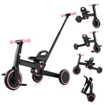 HONEY JOY Tricycle, 5-in-1 Folding Kids Trike w/Adjustable Push Handle & Seat, Baby Balance Bike w/Removable Pedals, Toddler Tricycle for Preschool Boys Girls Aged 18-60 Months (Pink)