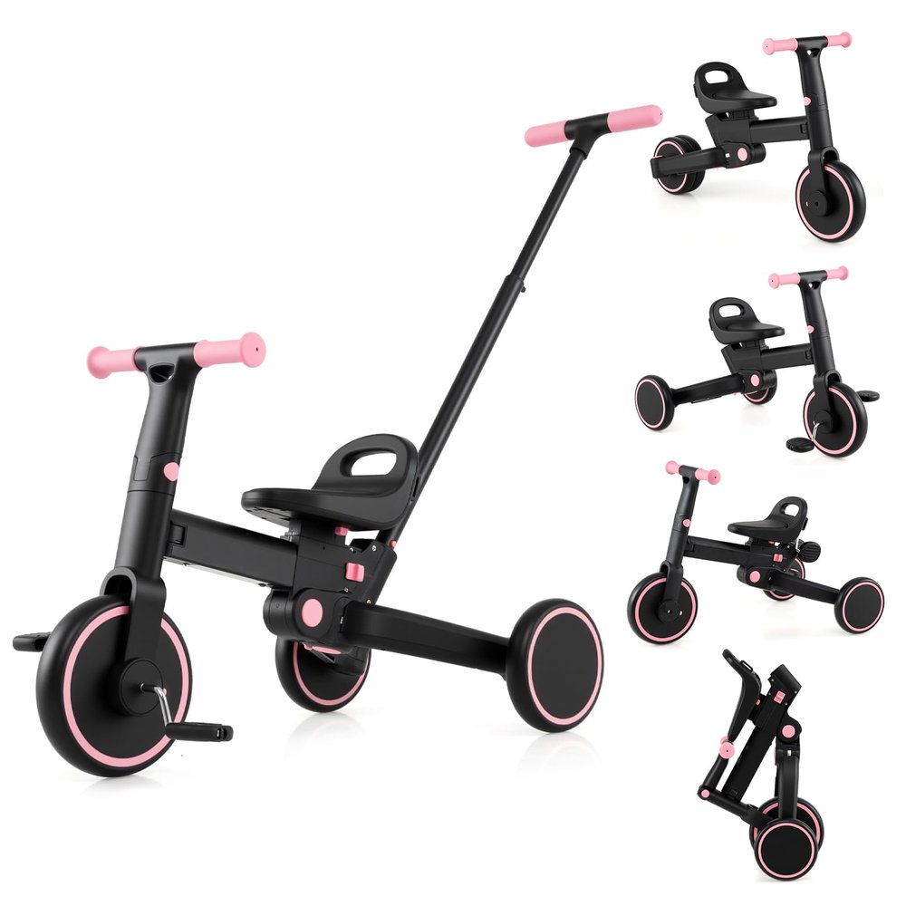 HONEY JOY Tricycle, 5-in-1 Folding Kids Trike w/Adjustable Push Handle & Seat, Baby Balance Bike w/Removable Pedals, Toddler Tricycle for Preschool Boys Girls Aged 18-60 Months (Pink)