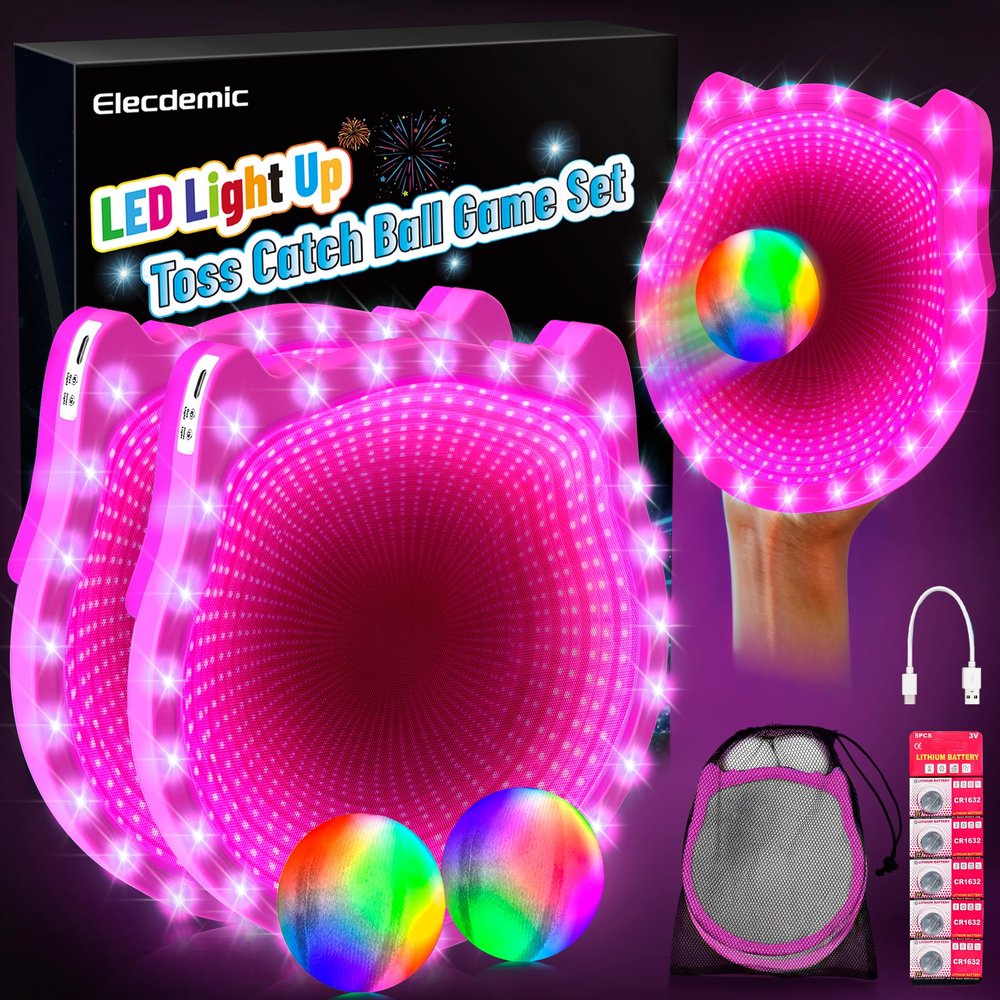 Elecdemic 3D LED Light Up Toss Catch Ball Game Set Toys Baseball Throw Paddle Gifts Back Yard Outdoor Camping Yard Glow Dark Party Favors Age 5 6 7 8 9 10 11 12 Years Old Boy Girl Kid Adult Family