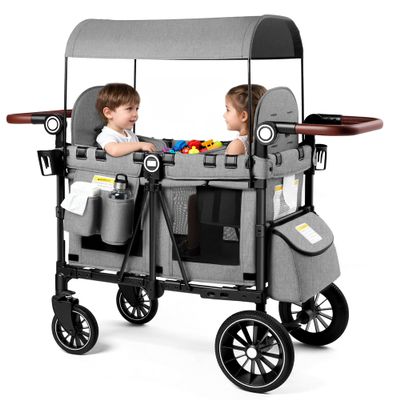 Kinder King Wagon Stroller for 2 Kids, All-Terrain Foldable Outdoor Stroller Wagon 2 Seater, Removable Canopy, Adjustable Handle, Shock-Absorbing Wheel, Detachable Tray, Large Storage, Grey