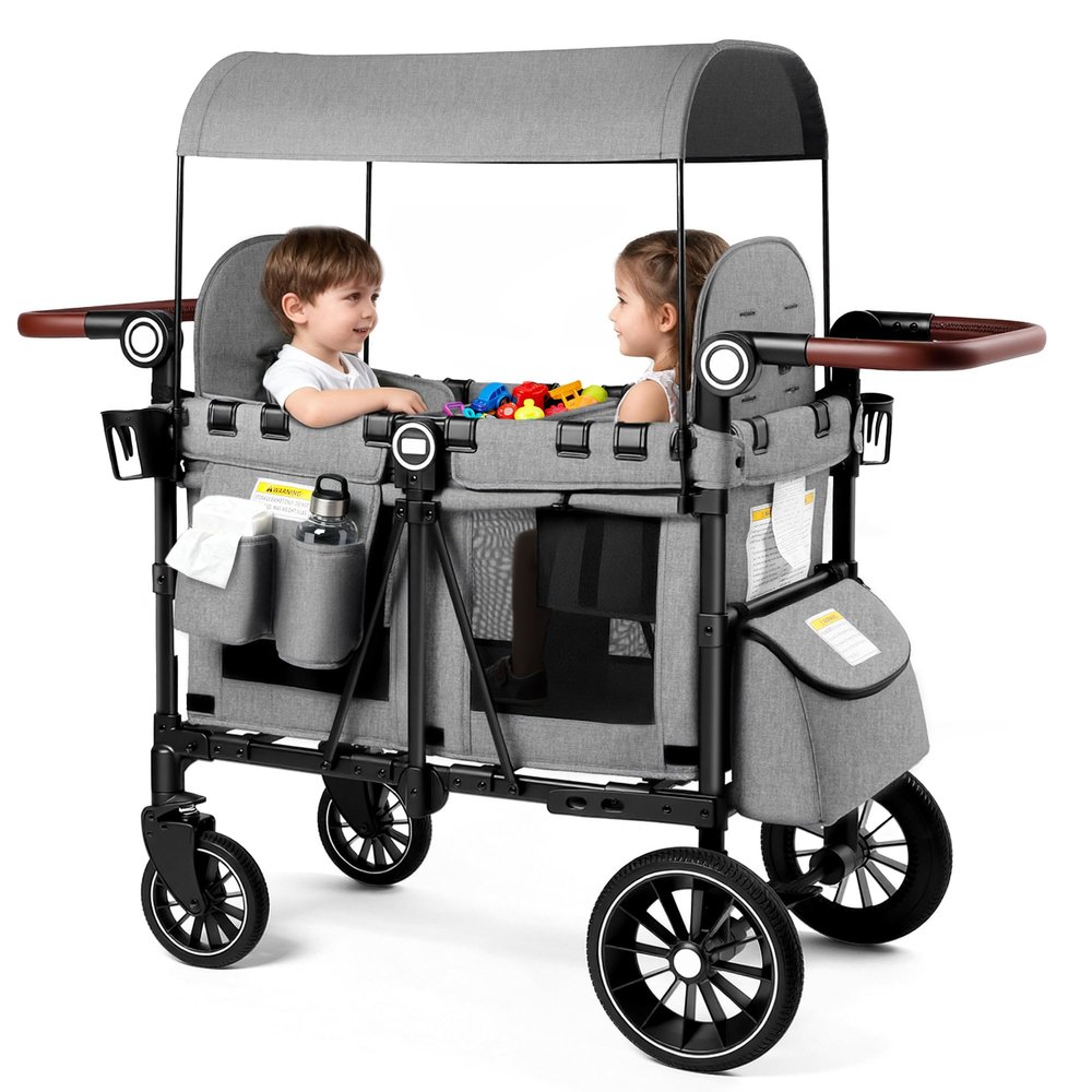 Kinder King Wagon Stroller for 2 Kids, All-Terrain Foldable Outdoor Stroller Wagon 2 Seater, Removable Canopy, Adjustable Handle, Shock-Absorbing Wheel, Detachable Tray, Large Storage, Grey