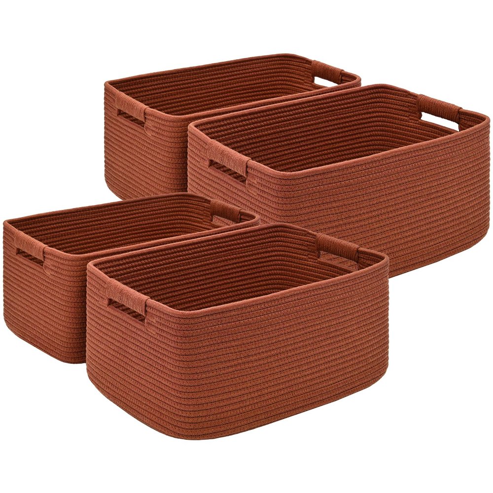 4 Pack Large Storage Basket for Organizing, 17.5"x13.5"x7.5" Woven Basket for Shelves, Closet Cube Storage Bins with Wrapped Handle, Cotton Rope Baskets for Kitchen, Clothes, Toys(Oxide Red)