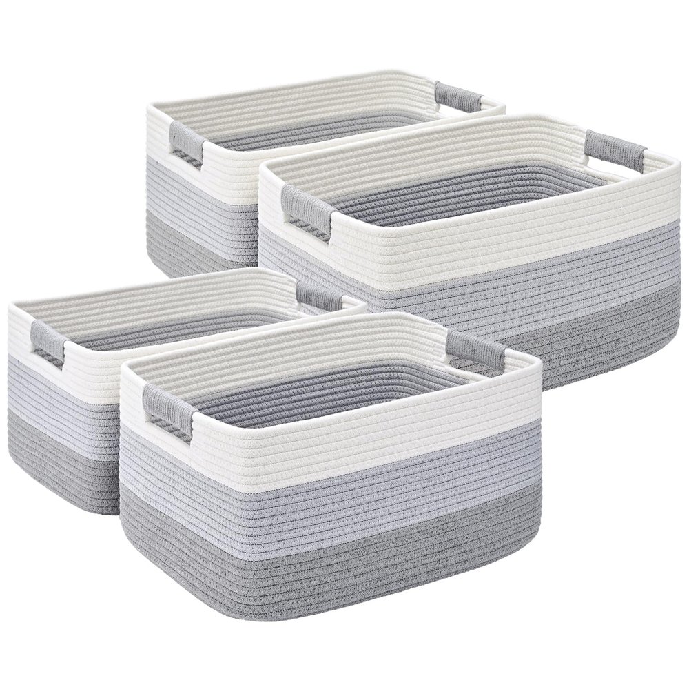 4 Pack Large Storage Basket for Organizing, 17.5"x13.5"x7.5" Woven Basket for Shelves, Closet Cube Storage Bins with Wrapped Handle, Cotton Rope Baskets for Kitchen, Clothes, Toys(Gradient Grey)
