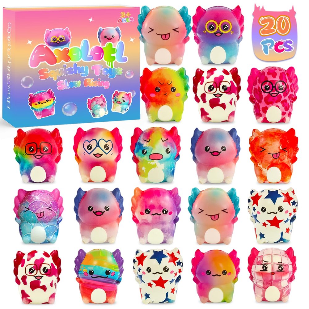 20-Pack Axolotl Party Favors Squishy Toys, Slow Rising Squishy Fidget Toys, Valentines Day Gifts for Kids Classroom Prizes, Birthday Gifts for Boys & Girls