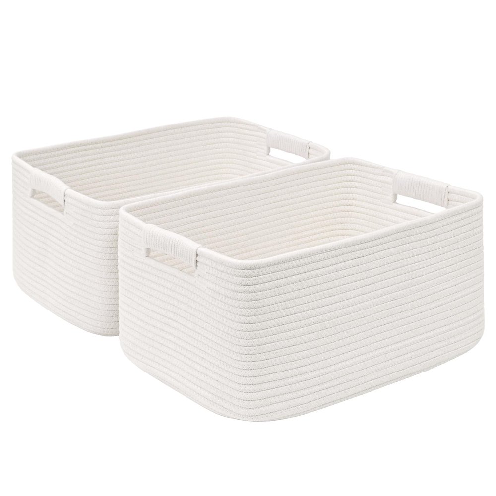 2 Pack Large Storage Basket for Organizing, 17.5"x13"x7" Woven Basket for Shelves, Closet Cube Storage Bins with Wrapped Handle, Cotton Rope Baskets for Kitchen, Clothes, Toys(Off White)