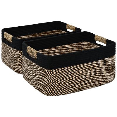 2 Pack Large Storage Basket for Organizing, 17.5"x13.5"x7.5" Woven Basket for Shelves, Closet Cube Storage Bins with Wrapped Handle, Cotton Rope Baskets for Kitchen, Clothes, Toys(Black & Brown)
