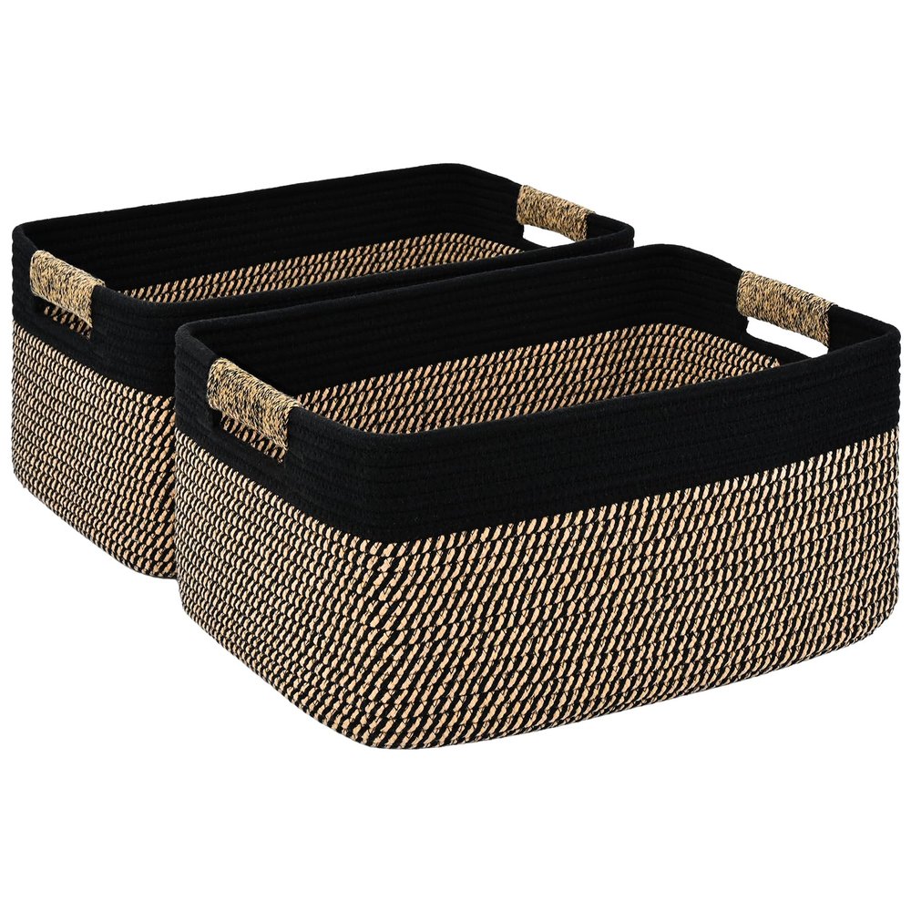 2 Pack Large Storage Basket for Organizing, 17.5"x13.5"x7.5" Woven Basket for Shelves, Closet Cube Storage Bins with Wrapped Handle, Cotton Rope Baskets for Kitchen, Clothes, Toys(Black & Brown)