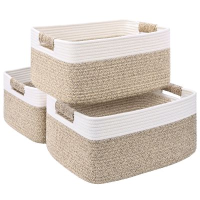 3 Pack Large Storage Basket for Organizing, 17.5"x13.5"x7.5" Woven Basket for Shelves, Closet Cube Storage Bins with Wrapped Handle, Cotton Rope Baskets for Kitchen, Clothes, Toys(Off White & Brown)