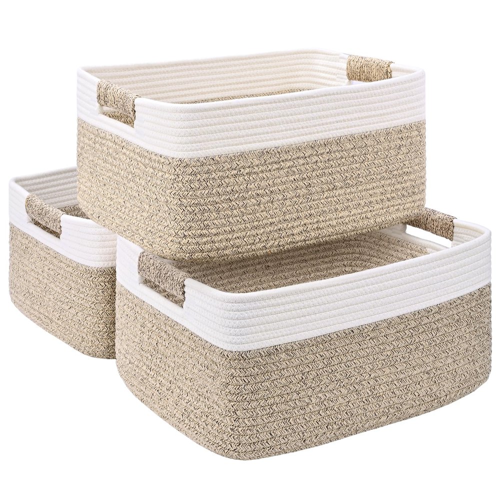3 Pack Large Storage Basket for Organizing, 17.5"x13.5"x7.5" Woven Basket for Shelves, Closet Cube Storage Bins with Wrapped Handle, Cotton Rope Baskets for Kitchen, Clothes, Toys(Off White & Brown)