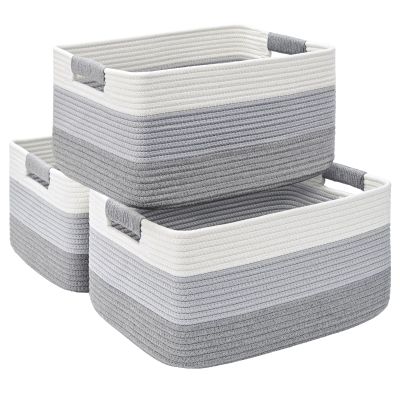 3 Pack Large Storage Basket for Organizing, 17.5"x13.5"x7.5" Woven Basket for Shelves, Closet Cube Storage Bins with Wrapped Handle, Cotton Rope Baskets for Kitchen, Clothes, Toys(Gradient Grey)