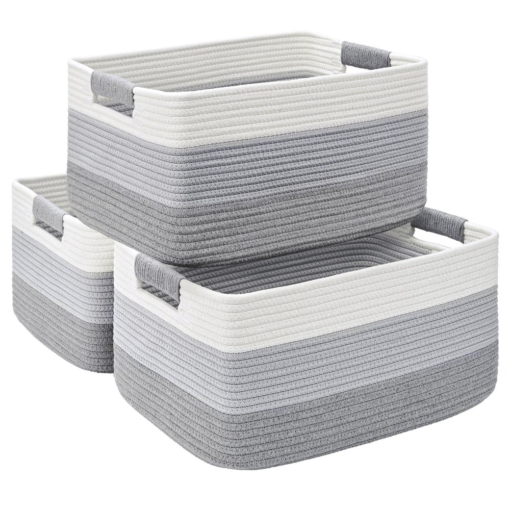 3 Pack Large Storage Basket for Organizing, 17.5"x13.5"x7.5" Woven Basket for Shelves, Closet Cube Storage Bins with Wrapped Handle, Cotton Rope Baskets for Kitchen, Clothes, Toys(Gradient Grey)