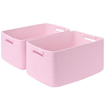2 Pack Large Storage Basket for Organizing, 17.5"x13.5"x7.5" Woven Basket for Shelves, Closet Cube Storage Bins with Wrapped Handle, Cotton Rope Baskets for Kitchen, Clothes, Toys(Light Pink)