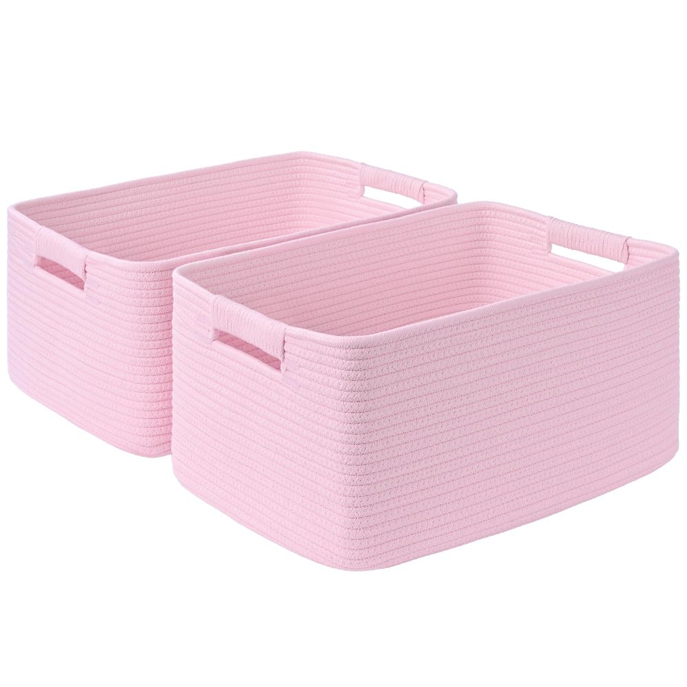 2 Pack Large Storage Basket for Organizing, 17.5"x13.5"x7.5" Woven Basket for Shelves, Closet Cube Storage Bins with Wrapped Handle, Cotton Rope Baskets for Kitchen, Clothes, Toys(Light Pink)