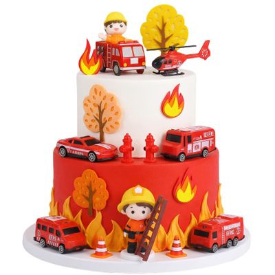 15Pcs Fire Truck Cake Topper Fireman Cake Decorations Fireman Theme Birthday Party Supplies