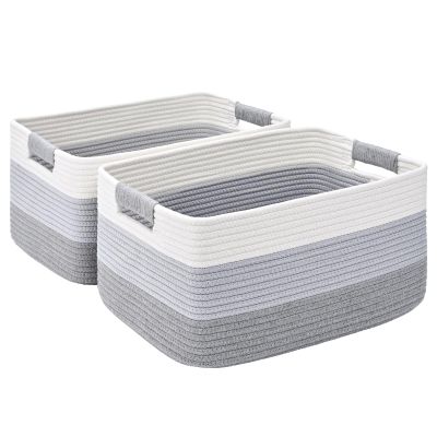 2 Pack Large Storage Basket for Organizing, 17.5"x13.5"x7.5" Woven Basket for Shelves, Closet Cube Storage Bins with Wrapped Handle, Cotton Rope Baskets for Kitchen, Clothes, Toys(Gradient Grey)