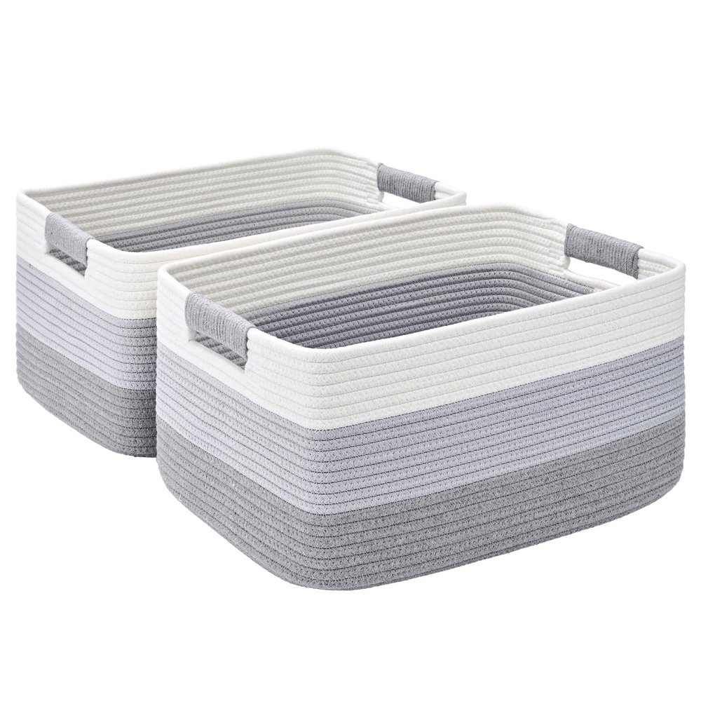 2 Pack Large Storage Basket for Organizing, 17.5"x13.5"x7.5" Woven Basket for Shelves, Closet Cube Storage Bins with Wrapped Handle, Cotton Rope Baskets for Kitchen, Clothes, Toys(Gradient Grey)