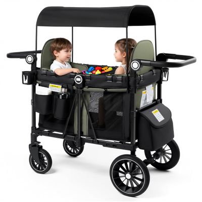 Kinder King Wagon Stroller for 2 Kids, All-Terrain Foldable Outdoor Stroller Wagon 2 Seater, Removable Canopy, Adjustable Handle, Shock-Absorbing Wheel, Detachable Tray, Large Storage, Green