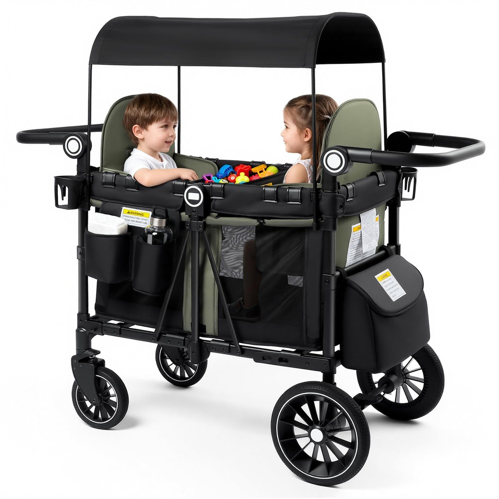 Kinder King Wagon Stroller for 2 Kids, All-Terrain Foldable Outdoor Stroller Wagon 2 Seater, Removable Canopy, Adjustable Handle, Shock-Absorbing Wheel, Detachable Tray, Large Storage, Green